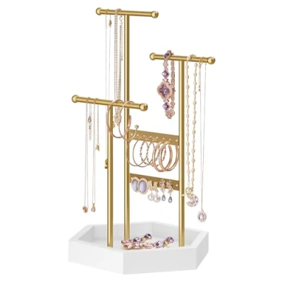 Afbeelding van SONGMICS JJS003A01 Sieradenstandaard, 4 onafhankelijke zones, sieradenstandaard met metalen frame, voor oorbellen, armbanden, halskettingen, ringen, goud/wit