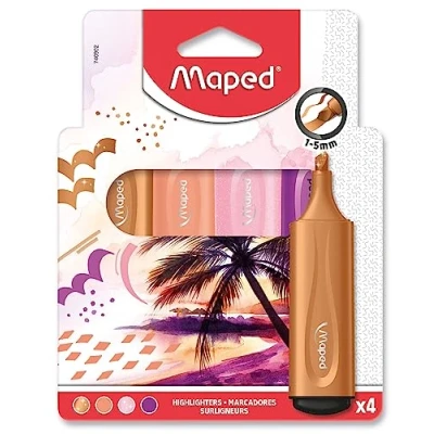 Afbeelding van Maped 4 Fluo&#039;Peps markeerstiften afgeschuinde punt Langdurige School en professioneel gebruik Pastel markeerstiften, neon glitterinkt thema Sunset roze/paars