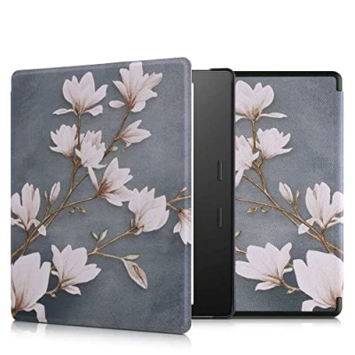 Afbeelding van kwmobile E reader hoesje geschikt voor Amazon Kindle Oasis 10. Generation hoes flip case met magnetische sluiting Ereader cover zwart witte bloemen design in wit /