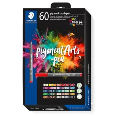 Afbeelding van STAEDTLER Brush Pen Pigment Arts 371 C60 Premium tekenpennen voor variabele lijnbreedte, waterdicht, sneldrogend, verschillende kleuren in kartonnen etui, 60 stuks