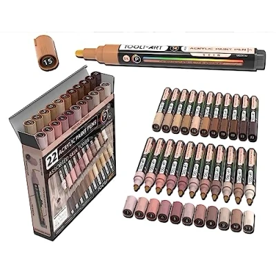 Afbeelding van TOOLI ART Pro Colour Series Acrylverfmarkers, 22 stuks, 3 mm, niet giftige acrylverf, op waterbasis en sneldrogend, gemiddelde waarde, voor steen, glas, kopjes, hout, metaal, canvas (huid)