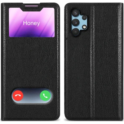 Afbeelding van Cadorabo Hoesje geschikt voor Samsung Galaxy A32 4G in KOMEET ZWART Beschermhoes met magnetische sluiting, standfunctie en 2 kijkvensters Book Case Cover Etui