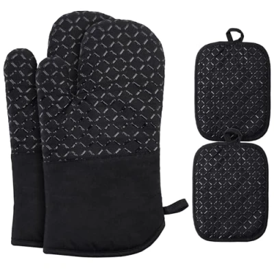 Afbeelding van Ankway Set van 4 keukenhandschoenen, hittebestendige en antislip zacht katoen, lang flexibel, dikke siliconen voor keuken (30 cm)