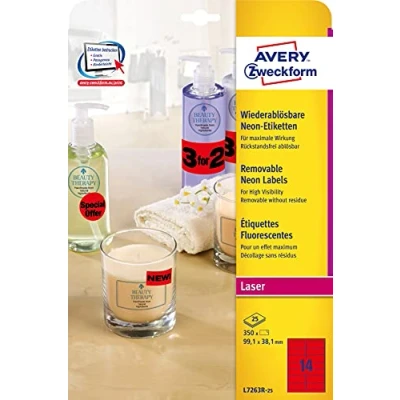 Afbeelding van Avery Afneembare neon etiketten formaat 991 x 381 mm (b h) doos van 25 blad 350 stuks neonrood