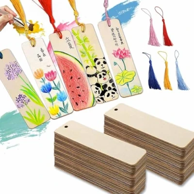 Afbeelding van Rechthoekige houten bladwijzer en kwastjes, 100 stuks, 50 lege bladwijzers, kleurrijke kwasten, geschikt voor gepersonaliseerde handwerk, decoratieve geschenken