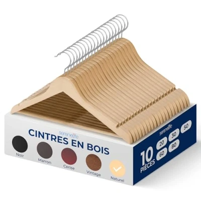 Image de Serenelife Lot de 10 Cintres en Bois Minces, Antidérapants, Crochet Pivotant 360, Support 4,5 kg, Gain Place, Idéal pour Manteaux, Vestes, Pantalons, Robes