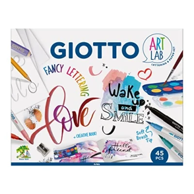 Afbeelding van Giotto Art Lab: Fancy Lettering Creatieve schrijfset 1 Canson blok voor belettering + 10 Turbo Brush penseelstiften 12 Mini aquarellen Happy Rubber
