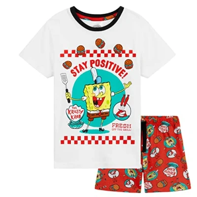 Afbeelding van SpongeBob Squarepants Pyjama voor kinderen, jongens, pyjamasets, sponsbob, officiële cartoon, set van T shirt en shorts, nachtkleding 3 tot 14 jaar, Wit/Rood