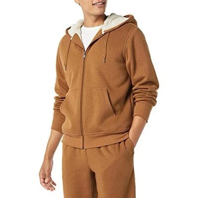 Image de Amazon Essentials Chandail à capuche en molleton, doublé Sherpa avec fermeture éclair sur toute la longueur, pour homme marron caramel, taille L