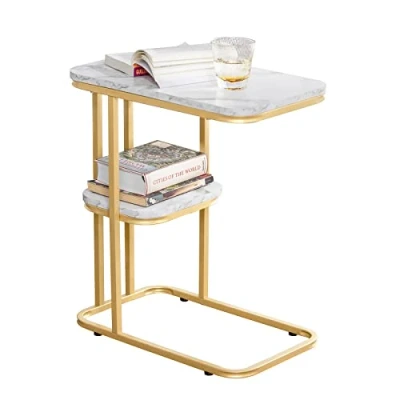 Afbeelding van SoBuy Moderne bijzettafel, salontafel, nachtkastje, marmereffect, metalen frame, goudkleurig, 50 x 30 58 cm, FBT110 G