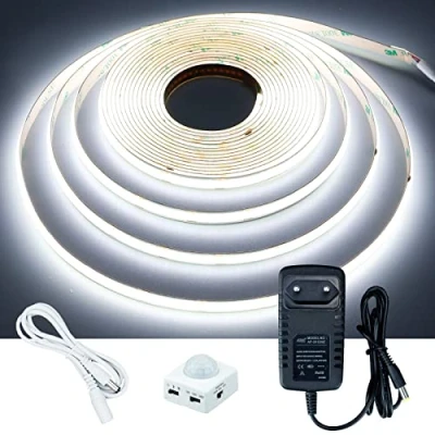Afbeelding van GOMING 12 V bewegingsmelder, COB ledstrip, 5 m, koudwit, 6000 K, CRI 93+ IP20, niet waterdicht, ledstrip met netadapter voor keukenkasten, trap, vitrine, slaapkamer, bed