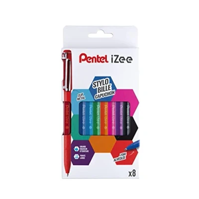 Afbeelding van Pentel iZee BX460 balpen met metalen clip, brede punt 1 mm, zwart/rood/blauw/groen/oranje/roze/hemelsblauw/paars, 8 stuks