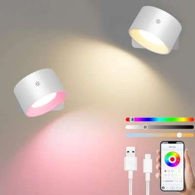 Afbeelding van Diealles Shine Set van 2 dimbare slimme binnenwandlampen zonder stroomaansluiting, 360 graden draaibare batterij, boren, 3 kleurtemperatuurmodi, RGB en