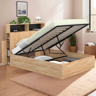 Afbeelding van lit coffre double CLYDE avec tête de + rangements et sommier 140 x 190 cm façon hêtre noir