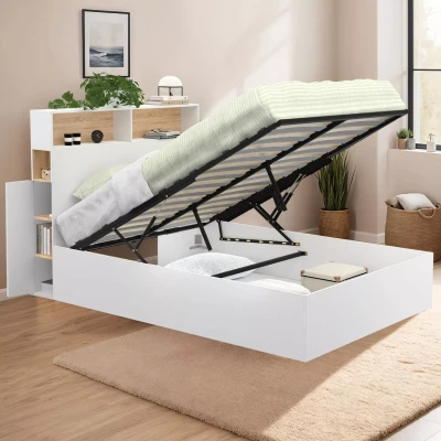 Afbeelding van lit coffre double CLYDE avec tête de + rangements et sommier 140 x 190 cm blanc façon hêtre