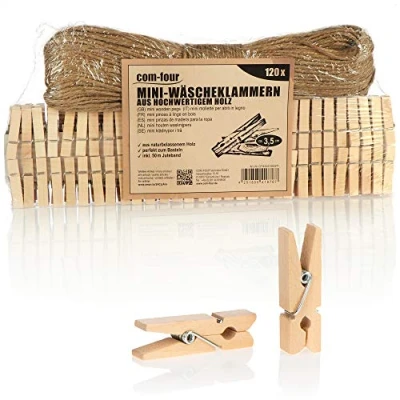 Afbeelding van COM FOUR® 120x mini wasknijpers en 50 m jute touw, kleine houten knijpers als decoratie voor foto&#039;s, collages, ansichtkaarten, foto&#039;s &amp; geluksgeschenken (120 stuks met lint naturel)