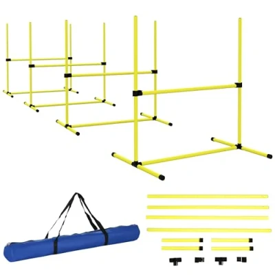 Afbeelding van PawHut Agility Slalom Lot de 4 barreaux d&#039;entraînement pour chien en plastique, jaune, 99 x 65 94 cm