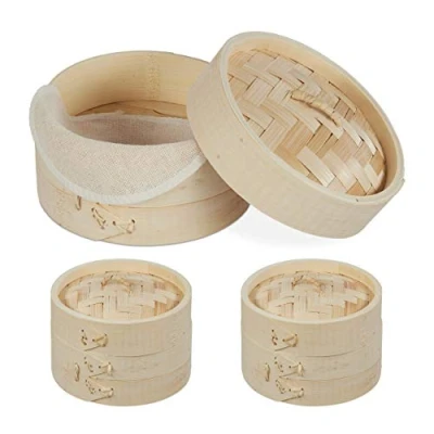 Afbeelding van Relaxdays stoommandje bamboe 3 delige set stomer stoommand rijst 13,5 cm