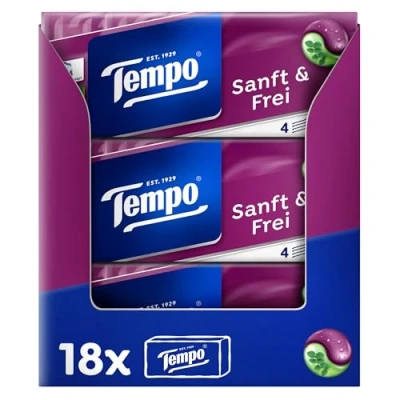 Afbeelding van Tempo 18 verpakkingen zachte en vrije zakdoeken (10 met elk 9 doekjes)