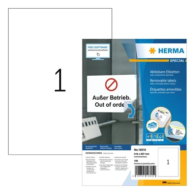 Image de Herma 10315 étiquettes amovibles A4 210 x 297 mm (100 étiquettes) blanc