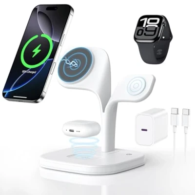 Afbeelding van Station de recharge sans fil 3 en 1 pour MagSafe, chargeur magnétique Apple iPhone 16/15/14/13/12 Series, AirPods Pro 4/3/2, Watch Series/Ultra