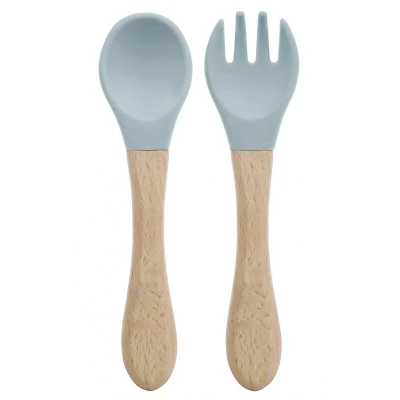 Afbeelding van Dutsi Luxe Baby Training Bestekset met Hout &amp; Siliconen Grijsblauw