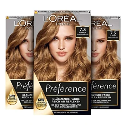 Afbeelding van L&#039;Oréal Paris 3 stuks permanente haarverf met kleuring en haarverzorgingsbalsem Préférence 7.3 karamelblond (Florida)
