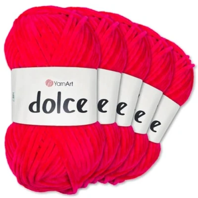 Afbeelding van Frida&#039;s Wollhaus YarnArt Dolce Chenillewol, 5 x 100 g, voor breien en haken, Amigurumi, 52 kleuren, 759 roze rood