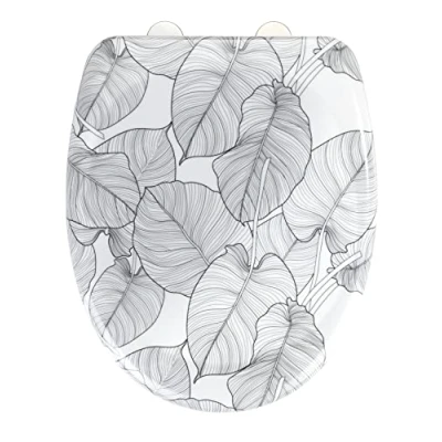 Afbeelding van WC bril Samoa, premium duroplast design toiletbril met Easy close soft mechanisme &amp; Fix clip hygiënische bevestiging van roestvrij staal, antibacterieel en krasbestendig, 38 x 45 cm, wit/grijs