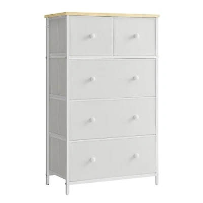 Afbeelding van Ladekast met 5 laden van SONGMICS stof voor entree, woonkamer, wit eiken LTS514W57