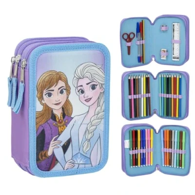 Afbeelding van CARTOON etui met meerdere vakken, 3 ritssluitingen voor school, complete kleurpotloden, viltstiften, Frozen (1),