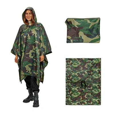 Afbeelding van Relaxdays regenponcho camouflage met mouwen regencape fiets vis poncho capuchon