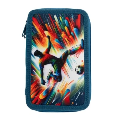 Afbeelding van Idena 20181 Drievoudig etui met 3 vakken ritssluiting, voetbalmotief, 47 delig, meerkleurig, Meerkleurig