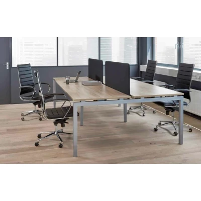 Afbeelding van Hoogte verstelbare Bench werkplek Kubus breed 280CM bladkleur Logan eiken framekleur Wit (RAL9010) aantal werkplekken 4