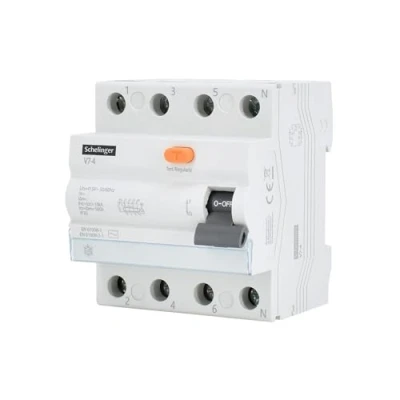 Afbeelding van 4 polige differentiaalschakelaar 63 A 300 mA, lekbeveiliging voor elektrische installaties.
