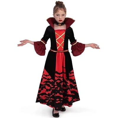 Afbeelding van Spooktacular kostuum, Royal Scary Vampire set voor meisjes, kinderen, Victorian Vampiress Queen Dress Up, Carnival, Small (5 7 jaar)