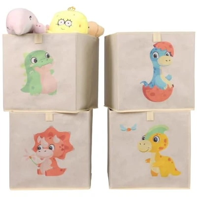 Afbeelding van Navaris 4x dino speelgoed opbergdozen Compatibel met Kallax kast Stevige speelgoedmand Kinder opbergmand Stoffen opbergbox print