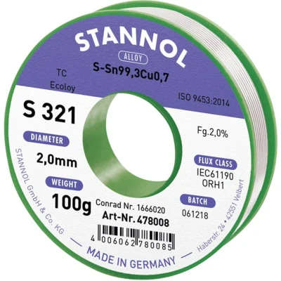 Afbeelding van Stannol S321 2,0% 2,0MM Sn99,3Cu0,7 CD 100G Soldeertin, loodvrij Loodvrij, Spoel ORH1 100 g 2 mm