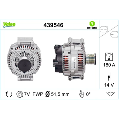 Afbeelding van VALEO 439546 Dynamo / Alternator 14V 180A MERCEDES BENZ: Sprinter 3.5 T Van, E Class Saloon, Vito Mixto, CHRYSLER: 300C Touring