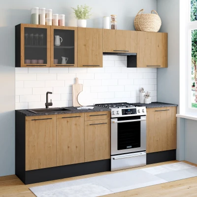 Afbeelding van Complete 240 cm SUBTIL keuken met vitrinekast + 7 element werkblad in hout en zwart