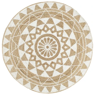 Afbeelding van Vloerkleed handgemaakt met witte print 150 cm jute