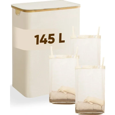 Afbeelding van DARI. wasmand 3 vakken Wassorteerder 145L met uitneembare zakken beige knopen