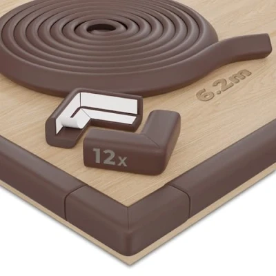 Afbeelding van Hoffenbach Schuimbescherming voor randen en hoeken, 6,2 m veiligheidsband tafel 12 x hoekkussens, meubels babybed, stootvast (chocoladebruin)