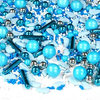 Afbeelding van STREUSEL GLÜCK Witte en blauwe voeten 90 g Voor babyshower verjaardagstaartdecoratie, doop, feest, muffins, cupcakes, cake pops