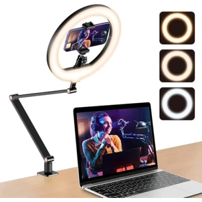 Afbeelding van 10 inch bureau lichtring met standaard en telefoonhouder, Overhead statief, ringlicht, videoconferentielicht verstelbare voor YouTube, TikTok, werk