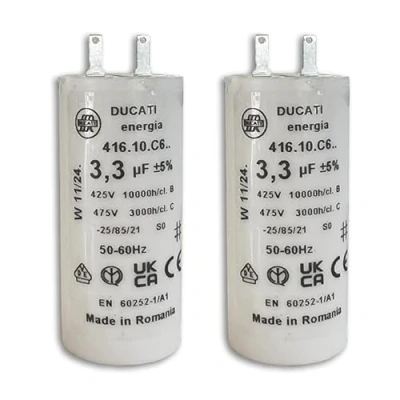 Afbeelding van Lot de 2 Condensateurs 3,3 uF pour réparation volet roulant SOMFY, SIMU. Condensateur cylindriques à cosses Faston 2,8 spécial remplacement moteur 8Nm 10Nm volet.