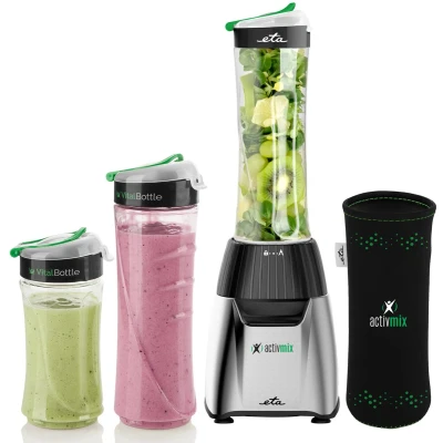 Afbeelding van ETA ActivMix Blender To Go met 3 Tritan Flessen 2 x 0,6 Liter en 1 0,4 BPA vrij Pulsfunctie 19.000 RPM 350W Zilver