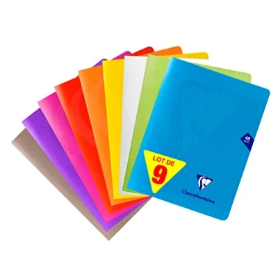 Image de Clairefontaine 293751AMZC Lot de 9 Cahiers Agrafés Mimesys 17x22cm 48 Pages Grands Carreaux Papier Blanc 90g Couverture Polypro (Bleu, Rouge, Vert, Jaune, Violet, Gris, Orange, Rose, Incolore)