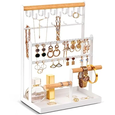 Afbeelding van ProCase Sieradenstandaard voor halskettingen, oorbellen, 6 niveaus met 15 haken, opbergtoren armbanden, ringen, wit