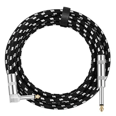 Afbeelding van Donner Professionele gitaarkabel, ruisonderdrukking, 3 m, met eenzijdige schuine jack en 1 x standaard voor gitaar, bas, zwart wit